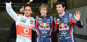 Da sinistra Hamilton, Vettel e Webber. Ap