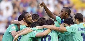 La gioia di gruppo dei campioni di Spagna. Reuters