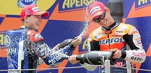 Lorenzo e Stoner sul podio di Montmelo'. Ap