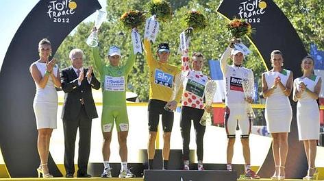 Ecco l'ultima immagine del Tour 2012: Wiggins festeggia con Sagan in verde, Voeckler a pois e Van Garderen in bianco, Epa