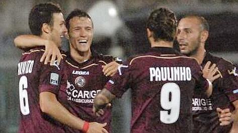 Luca Siligardi, 24 anni, festeggiato dopo il gol al Padova. LaPresse