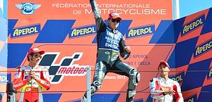Il podio di Misano: Lorenzo, Rossi, Bautista. Afp