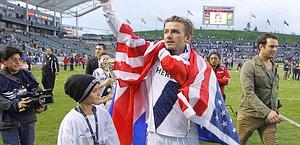 Beckham festeggia col figlo Romeo l'ultimo trionfo americano. Reuters