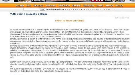 Il sito legabasket.it con la falsa notizia di LeBron a Milano