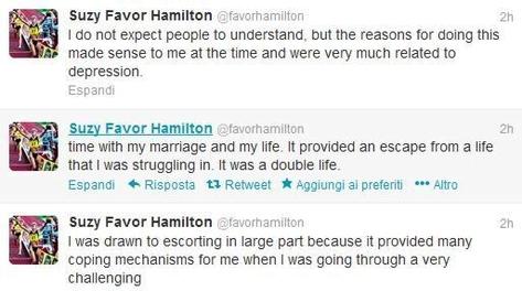 I tweet di Suzy Favor Hamilton con cui ha ammesso l'attivit di escort