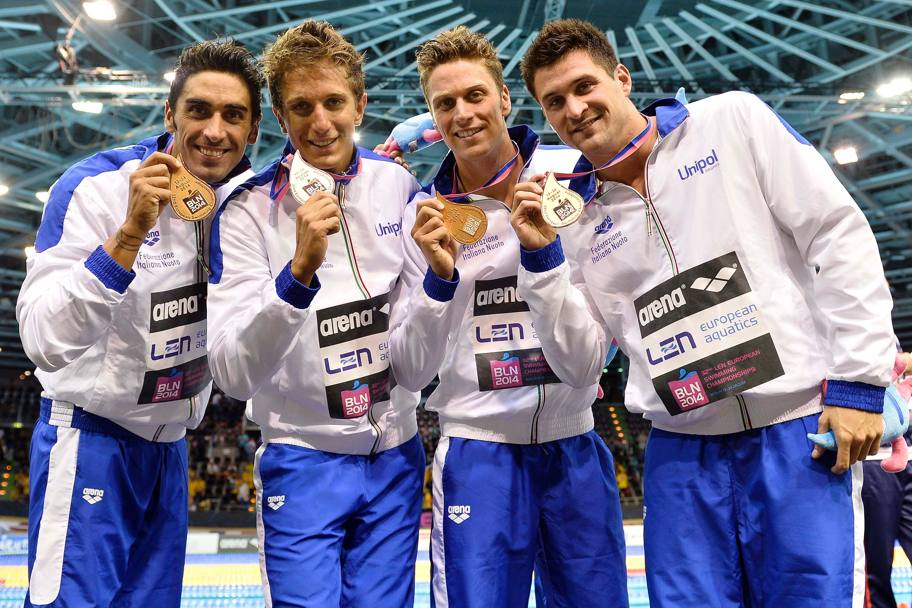 Bronzo anche per l’altra staffetta 4x100 stile libero: la squadra maschile composta da Filippo Magnini, Luca Leonardi, Luca Dotto e Marco Orsi (Olycom)