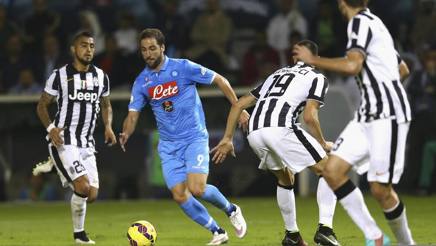 Higuain contro Bonucci e Vidal a Doha, nella Supercoppa italiana. Getty Higuain contro Bonucci e Vidal a Doha, nella Supercoppa italiana. Getty
