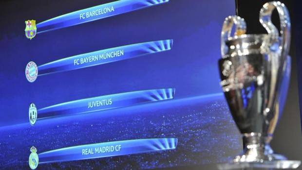 In primo piano il trofeo della Champions e sullo sfondo i 4 club semifinalisti. Uefa.com