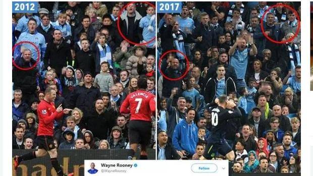 Ecco come il Sun ha scovato in tribuna gli stessi tifosi di fronte alle esultanze di Rooney a 5 anni di distanza