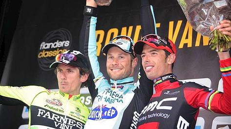 Pozzato, Boonen, Ballan: il podio del Fiandre. Bettini