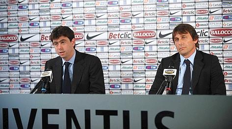 Andrea Agnelli e Antonio Conte in conferenza stampa. LaPresse