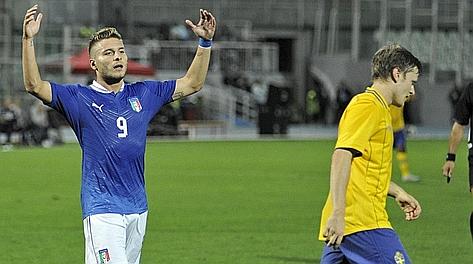 L'esultanza di Ciro Immobile dopo il gol-partita alla Svezia. Infophoto