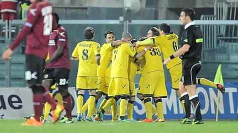 Il Modena festeggia la vittoria a Livorno. LaPresse