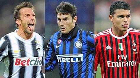 Alessandro Del Piero, 37 anni, Javier Zanetti, 38, e Thiago Silva, 27. Ansa/Forte/Forte