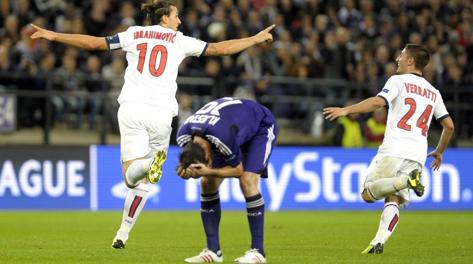 L'esultanza di Ibrahimovic dopo   un gol all'Anderlecht. Action Images/Reuters