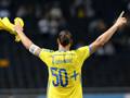 Zlatan Ibrahimovic festeggia il record dei 50 gol con la nazionale svedese. Afp