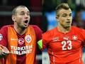 Wesley Sneijder, 30 anni, e Xherdan Shaqiri , 23. Afp-Epa