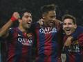 Tre fenomeni in festa: Suarez, Neymar e Messi. Reuters