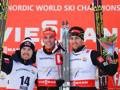 Il podio mondiale: da sinistra Alessandro Pittin (argento), il tedesco Johannes Rydzek (oro) e il francese Jason Lamy Chappuis (bronzo) Afp