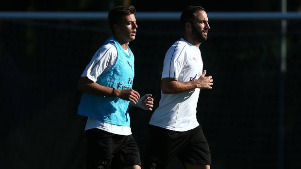 Daniel Maldini trains with Gonzalo Higuain.  LaPresse