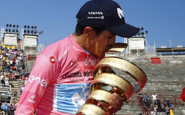 L&rsquo;ecuadoriano Richard Carapaz, 26 anni, vincitore del Giro d&rsquo;Italia 2019 all&rsquo;Arena di Verona. Bettini 