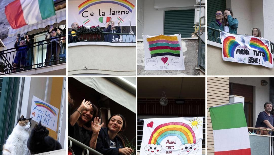 Arcobaleni e tricolori sui balconi di tutta Italia. Ansa 