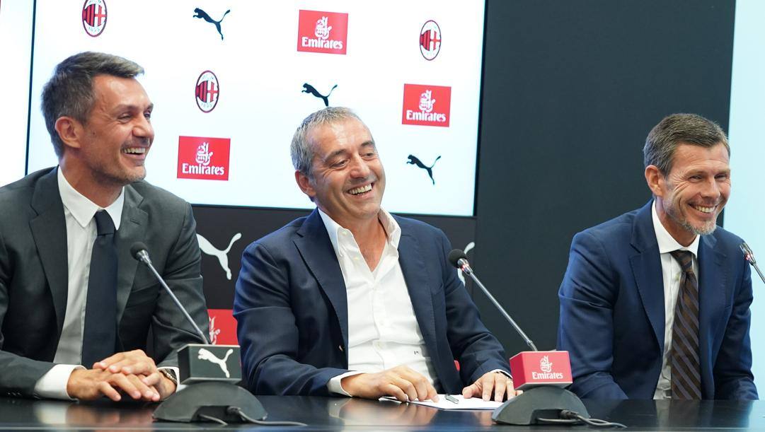 Paolo Maldini, d.t. del Milan, Marco Giampaolo, ex allenatore rossonero, e Zvone Boban, ex Cfo. LaPresse 
