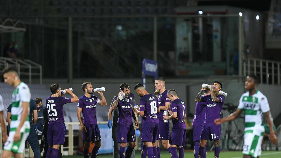 Giocatori di Fiorentina e Sassuolo si idratano durante il 'cooling break'. Lapresse 
