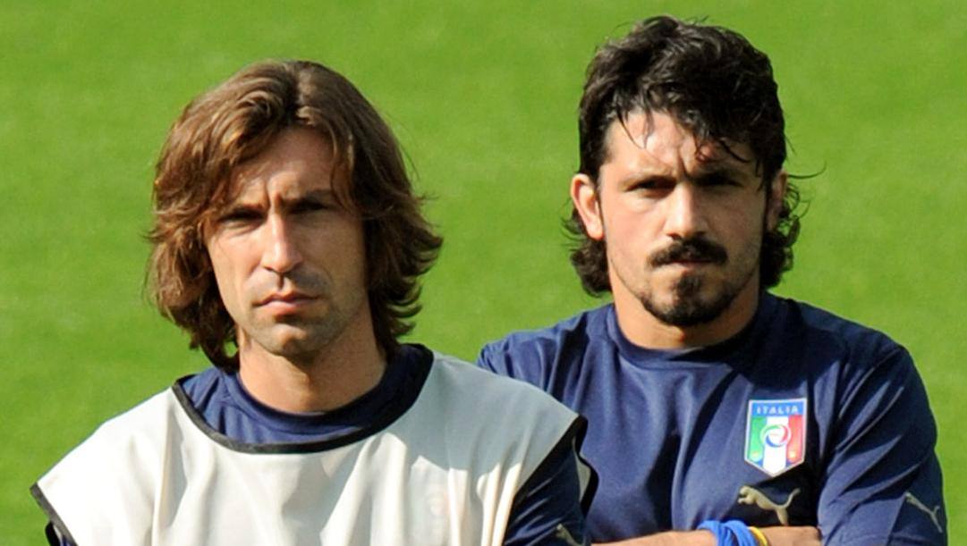Andrea Pirlo e Gennaro Gattuso durante un allenamento in nazionale del 2008. Ansa 