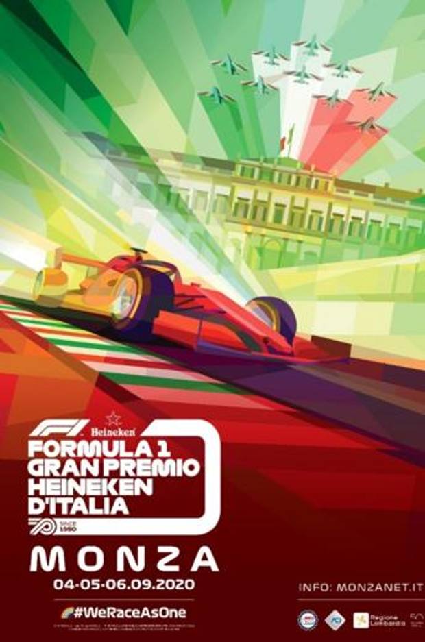 Frecce Tricolori e Villa Reale nel poster futurista del GP di Monza