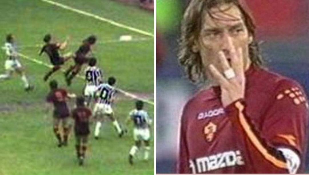 Da sinistra il gol di Turone e Francesco Totti che mostra le quattro dita