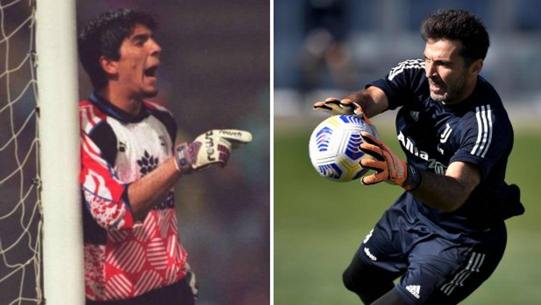 A sinistra Buffon all'esordio in A nel Parma nel 1995, a destra Gigi oggi 