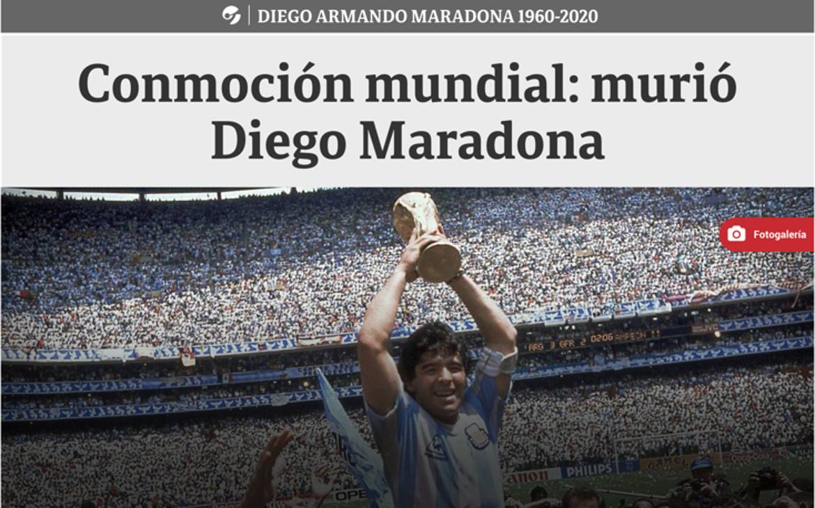  L'apertura del Clarin, quotidiano argentino, il primo a dare la notizia della morte di Diego  