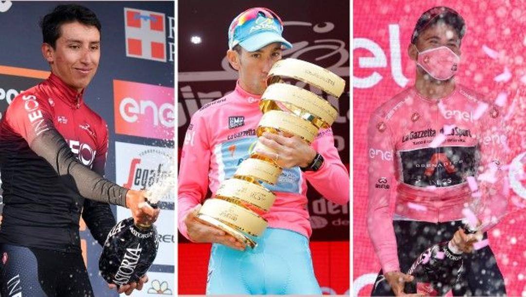 Egan Bernal conquista il il Gran Piemonte nel Giro 2019, Vincenzo Nibali  alza il trofeo davanti alla chiesa della Gran Madre nel 2016 e Filippo Ganna, piemontese doc, in rosa durante il Giro 2020 