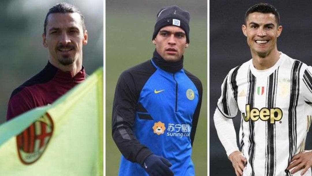 Da sinistra a destra: Ibrahimovic (Milan), Lautaro (Inter) e Ronaldo (Juventus) 