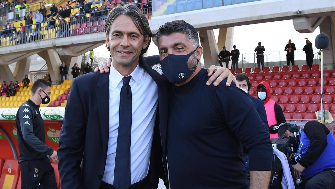 Filippo Inzaghi, 47 anni, e Gennaro Gattuso, 43, nel match d'andata al Vigorito. Getty Images 