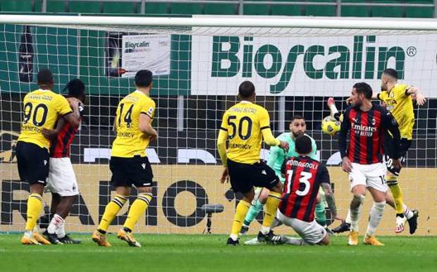 Rodrigo Becao segna il gol dell&rsquo;Udinese a San Siro. Getty 