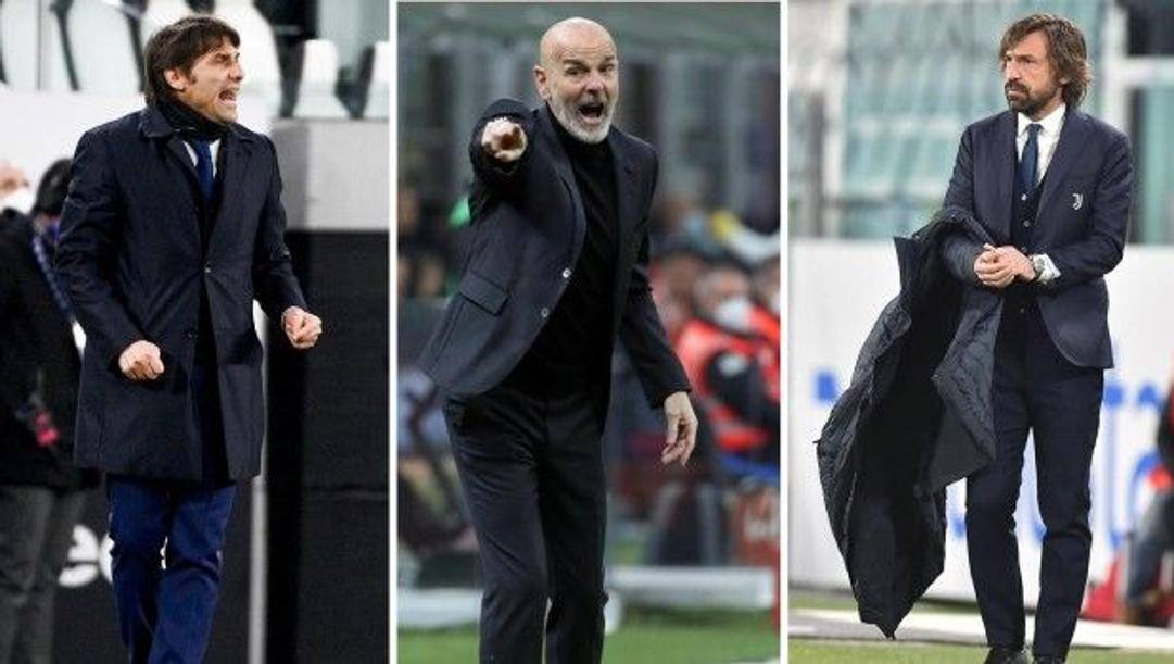 Da sinistra a destra: Antonio Conte (Inter), Stefano Pioli (Milan) e Andrea Pirlo (Juventus) 