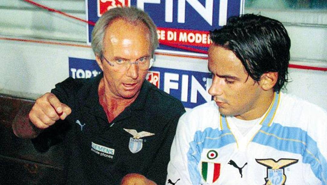 Sven-Goran Eriksson e Simone Inzaghi ai tempi della Lazio. Ansa  