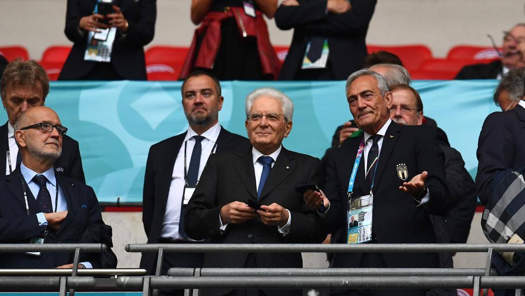 Sergio Mattarella, 79 anni, Presidente della Repubblica in tribuna a Wembley. Getty 
