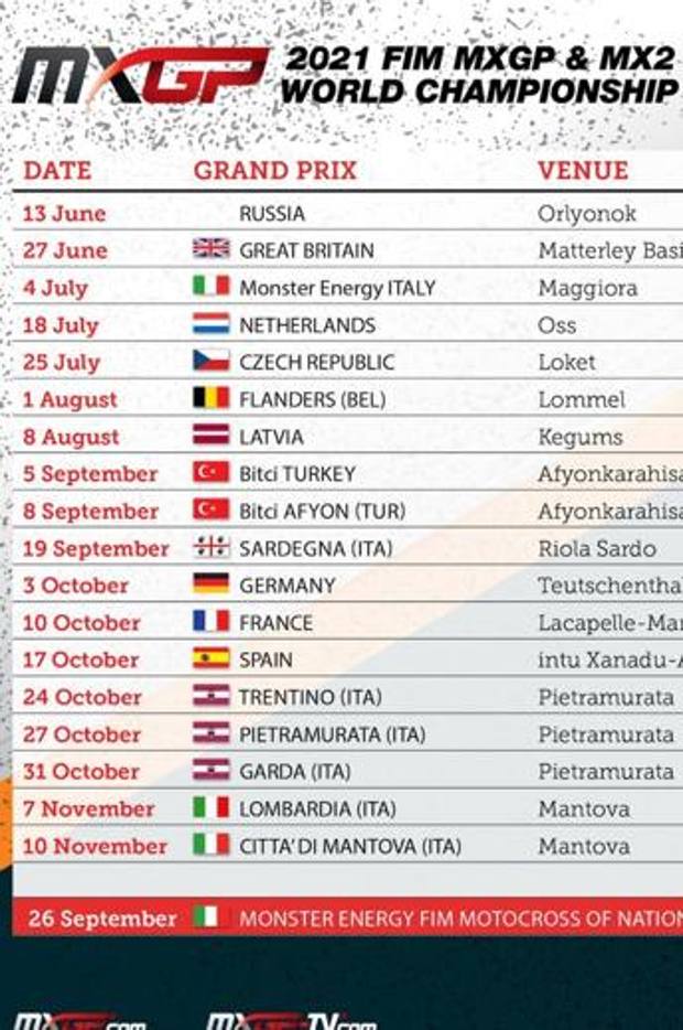Il calendario aggiornato della serie Mxgp