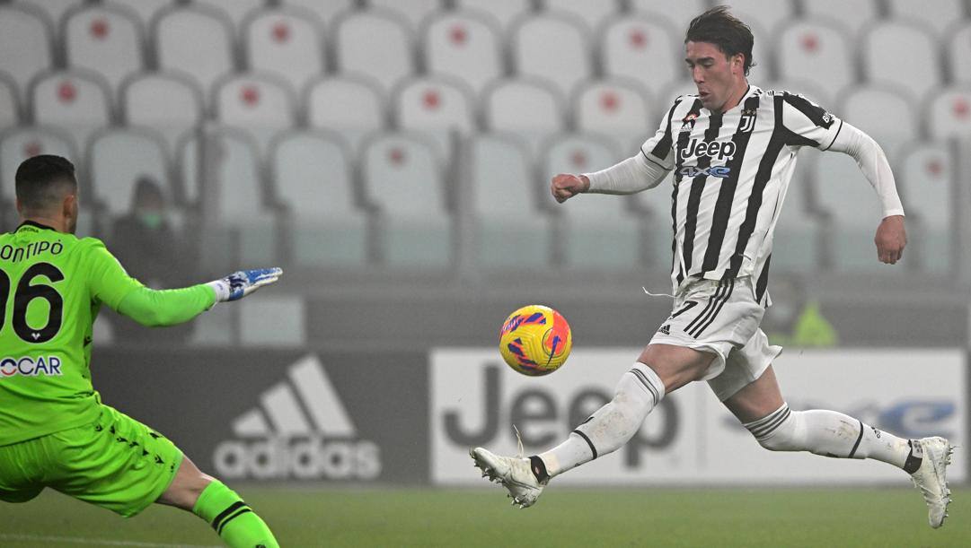 Il primo gol alla Juve di Dusan Vlahovic. Getty 