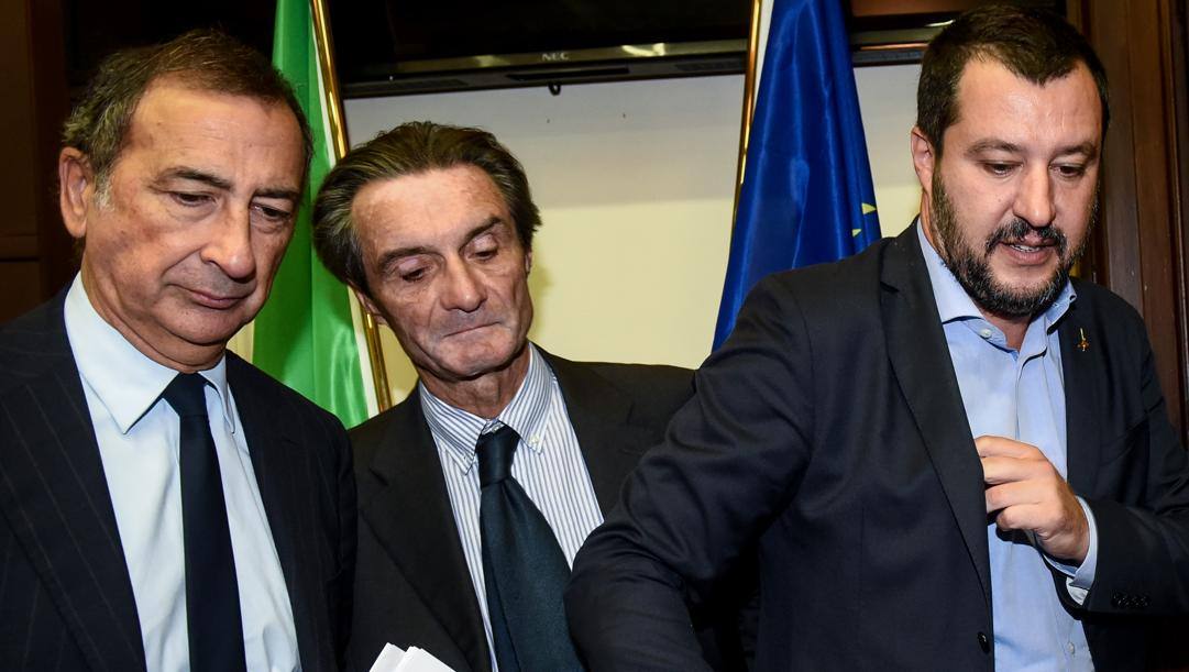 Da sinistra, Beppe Sala, Attilio Fontana  e Matteo Salvini. LaPresse 