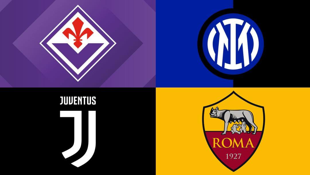 In senso orario gli attuali stemmi di Fiorentina, Inter, Roma e Juventus 