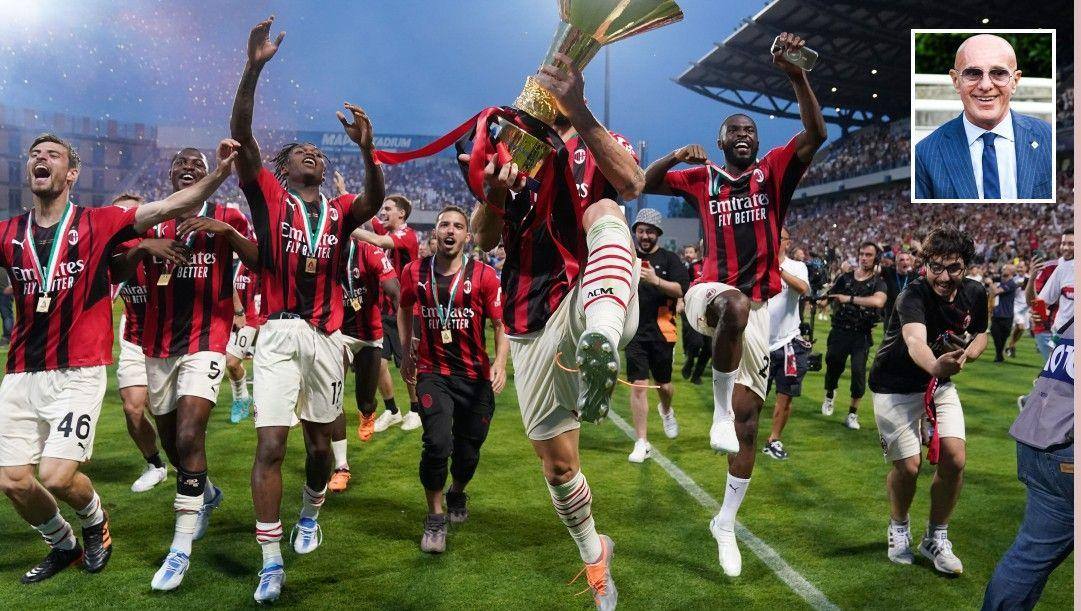 Il Milan difenderà nella prossima stagione il titolo vinto quest'anno. Nel riquadro, Arrigo Sacchi. LaPresse 