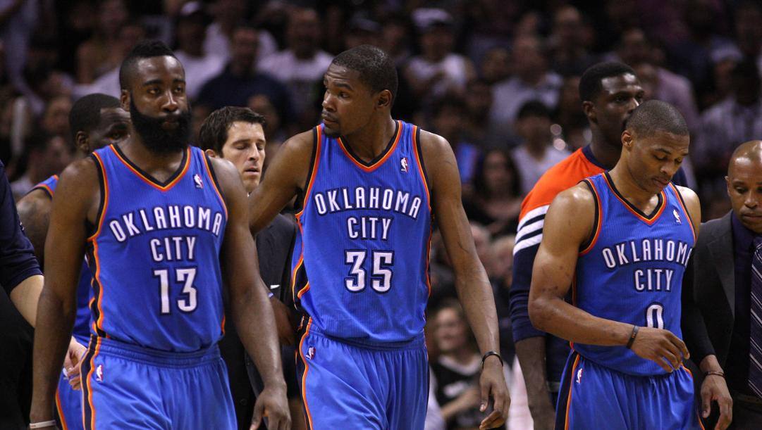 James Harden, Kevin Durant e Russell Westbrook coi Thunder. Afp 