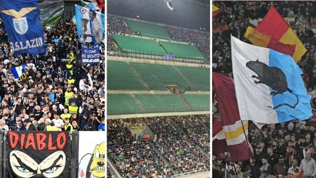 La Nord della Lazio, quella dell'Inter vuota nella gara con la Samp e la Sud della Roma 