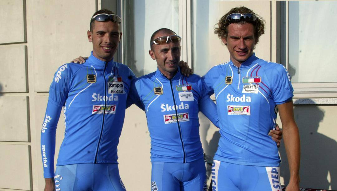 Da sinistra: Alessandro Ballan, Davide Rebellin e Filippo Pozzato ai Mondiali di ciclismo 2006. Bettini 