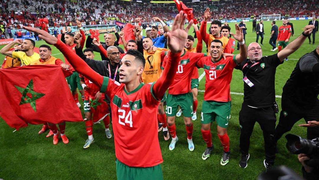 I giocatori del Marocco festeggiano la qualificazione alla semifinale del Mondiale AFP 