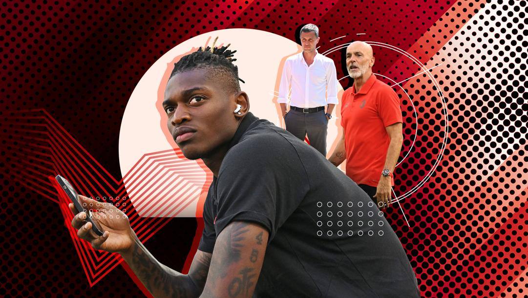 Rafael Leao, 23 anni. Sullo sfondo, Paolo Maldini e Stefano Pioli 